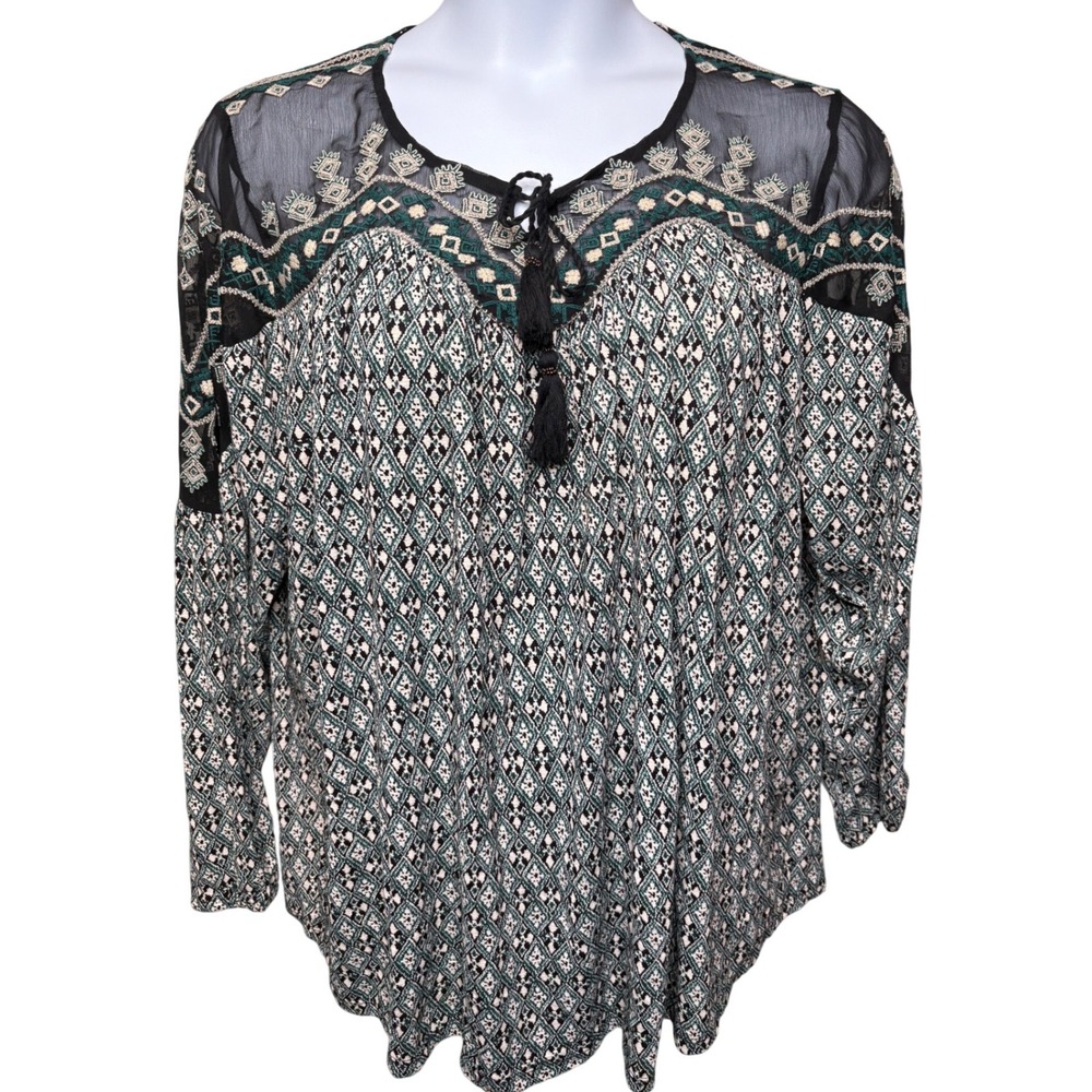 NWT LUCKY BRAND Womens Black Embroidered Peasant Blouse 3X Tassels Boho Girly